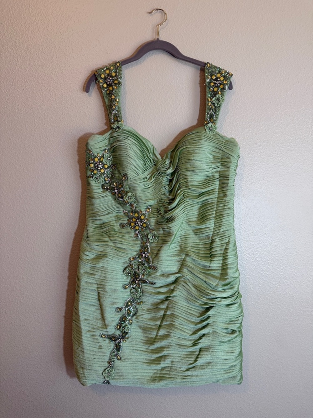 May Queen Size 16 Sage Green Beaded Ruched Cocktail Dress Y2K Glam Fairycore
